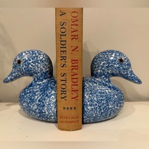 N S Gustin Blue White Marble Duck Head Book Ends Set Of Two ADORABLE and Heavy